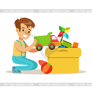 Little Boy And Many Toys In Box, Part Of - vector clip art