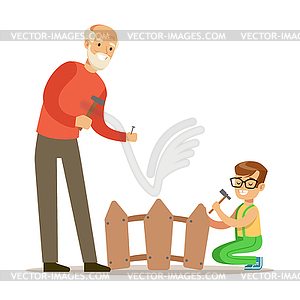 Boy And Grandfather Hammering Nails In Fence, Part - vector clipart