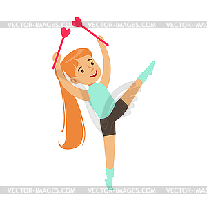 Little Girl Doing Gymnastics Exercise With Clubs - vector image