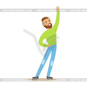 Beardy Man In Green Sweater Overwhelmed With - vector clip art