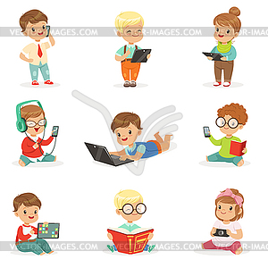 Small Kids Using Modern Gadgets And Reading Books, - vector clipart