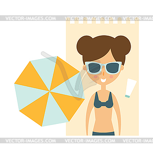 Woman Laying On Blanket On Sand Under Umbrella, Par - vector EPS clipart