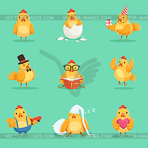 Little Yellow Chicken Chick Different Emotions And - vector image