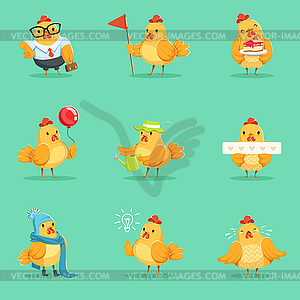 Little Yellow Chicken Chick Different Emotions And - vector clip art