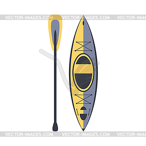 Yellow And Blue Kayak And Peddle, Part Of Boat And - vector image