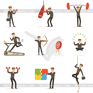 Businessman Working Out In Gym, Metaphor Of Busines - vector clip art