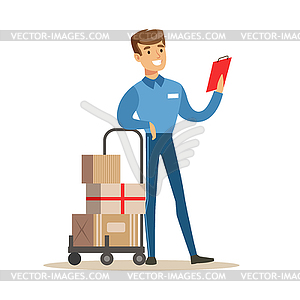 Delivery Service Worker Checking His Clipboard - vector clipart