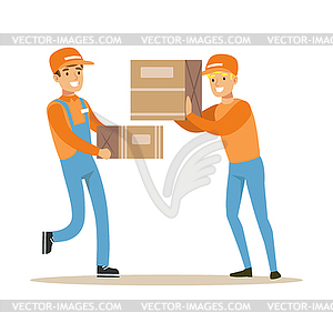 Delivery Service Workers Helping Each Other With - vector image