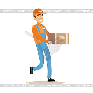 Delivery Service Worker Running Holding Carton - vector clip art