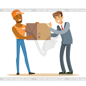 Delivery Service Worker Bringing Box To Office - vector EPS clipart