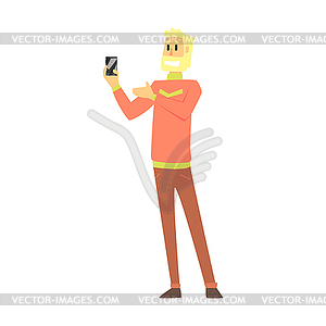 Beardy Man Holding Smartphone, Department Store - vector clip art