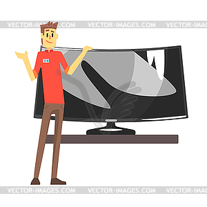 Shop Assistant Selling Wide TV Screen, Department - vector image