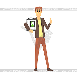 Man Holding Slow Rice Cooker, Department Store - vector image