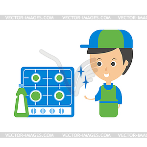 Cleanup Service Worker And Clean Stove, Cleaning - vector image