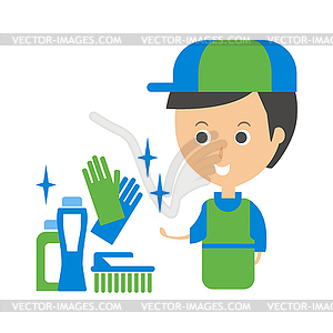 Cleanup Service Worker And Household Chemistry - vector clipart