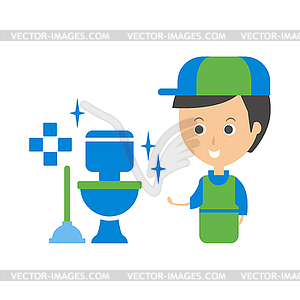 Cleanup Service Worker And Clean Toilet, Cleaning - vector clipart