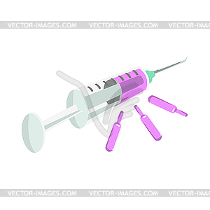 Syring With Purple Drug And Ampule, Part Of Doctor - vector image