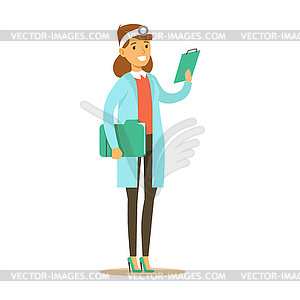 Female Doctor With Cipboard Wearing Medical Scrubs - vector clipart