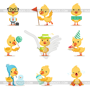 Little Yellow Duck Chick Different Emotions And - vector clipart