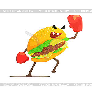 Burger Sandwich Box Fighter In Gloves, Fast Food Ba - royalty-free vector clipart