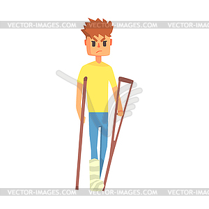 Guy With Broken Leg On Crouches, Adult Person - vector clipart
