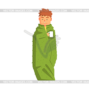 Guy завернутые в одеяло с горячим напитком Имея - клипарт в векторном виде