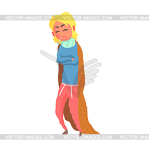 Girl With High Fever, Adult Person Feeling Unwell, - vector clip art