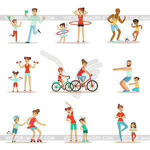 Parent And Child Doing Sportive Exercises And - vector image