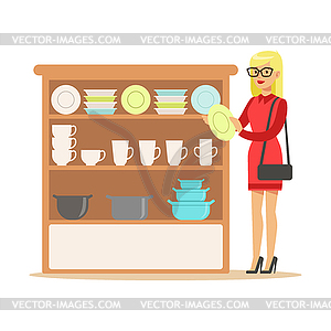 Woman Choosing Tableware, Smiling Shopper In - stock vector clipart