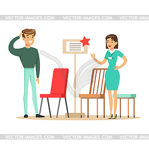 Store Seller Showing Chair Assortment To Man, - vector clip art