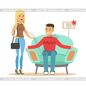 Couple Choosing Armchair For Living Room, Smiling - vector image