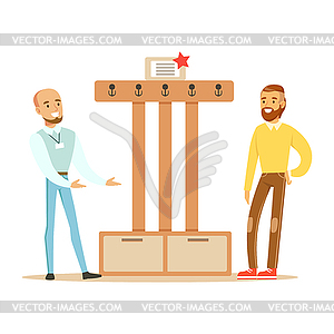 Seller Showing Hanger For Hall To Man, Smiling - vector clip art