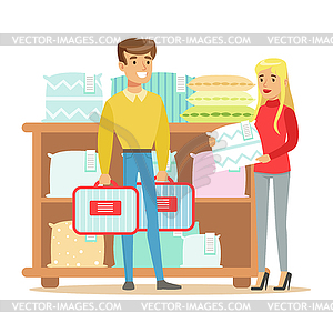 Couple Buying Bedsheets For Bedroom, Smiling Shoppe - vector clipart