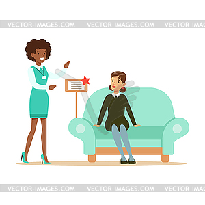 Store Seller Showing Blue Sofa To Woman, Smiling - vector image