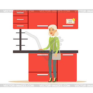 Woman Buying Red Kitchen Set, Smiling Shopper In - vector clipart