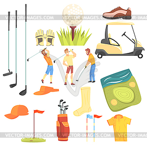 Three Golfers Playing Golf Surrounded By Sport - vector image