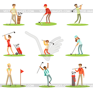 People Playing Golf On Grass, Striking Ball With - vector clip art