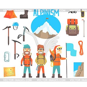 Three Mountaineers And Mountaineering Equipment - vector image