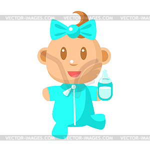 Small Happy Baby Walking In Blue Pajama Holding Mil - vector clip art