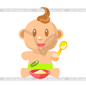 Small Happy Baby Boy In Green Nappy Eating - vector image