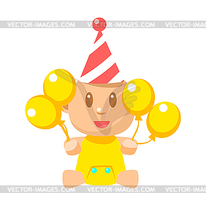 Small Happy Baby In Birthday Party Hat With Yellow - vector clipart