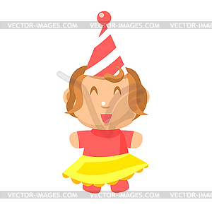 Small Happy Baby Girl In Party Hat And Yellow - vector image