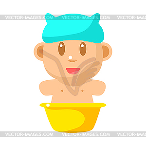 Small Happy Baby Taking Bath In Blue Bathing Hat - color vector clipart