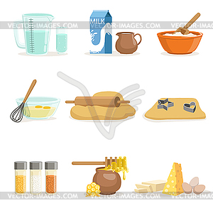 Выпечка ингредиенты и кухонные инструменты и посуда - изображение в векторном виде
