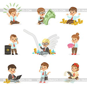 Kids In Financial Business Collection Of Cute Boys - royalty-free vector image