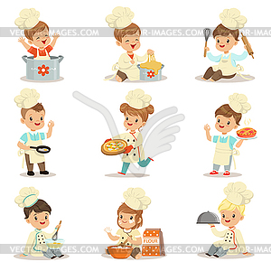 Small Kids In Chief Double-Brested Coat And Toque - vector clip art