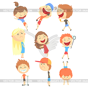 Small Kids Playing And Running, Having Fun On Summe - vector image