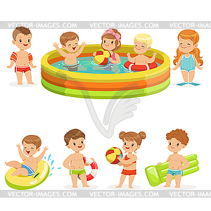 Small Children Having Fun In Water Of Pool With - vector clipart