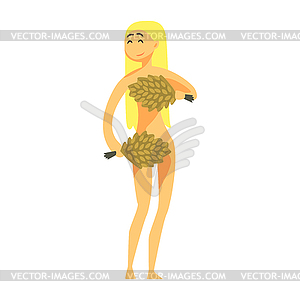 Undressed Woman Covering Herself With Bunches Of - vector clip art