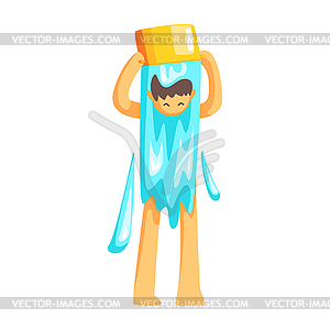 Man Turning Bucket Of Water On His Head To Cool - vector image